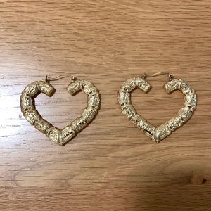 Heart Bamboo Hoop Earrings Real 10K Yellow Gold